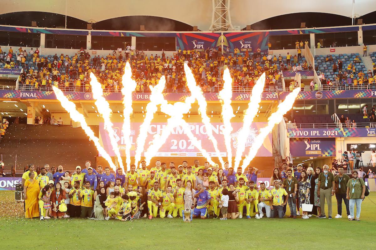 The CSK team with the trophy after winning the 2018 season of the IPL.