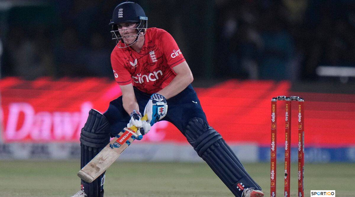 Harry Brook playing a scoop shot in a T20I against Pakistan.