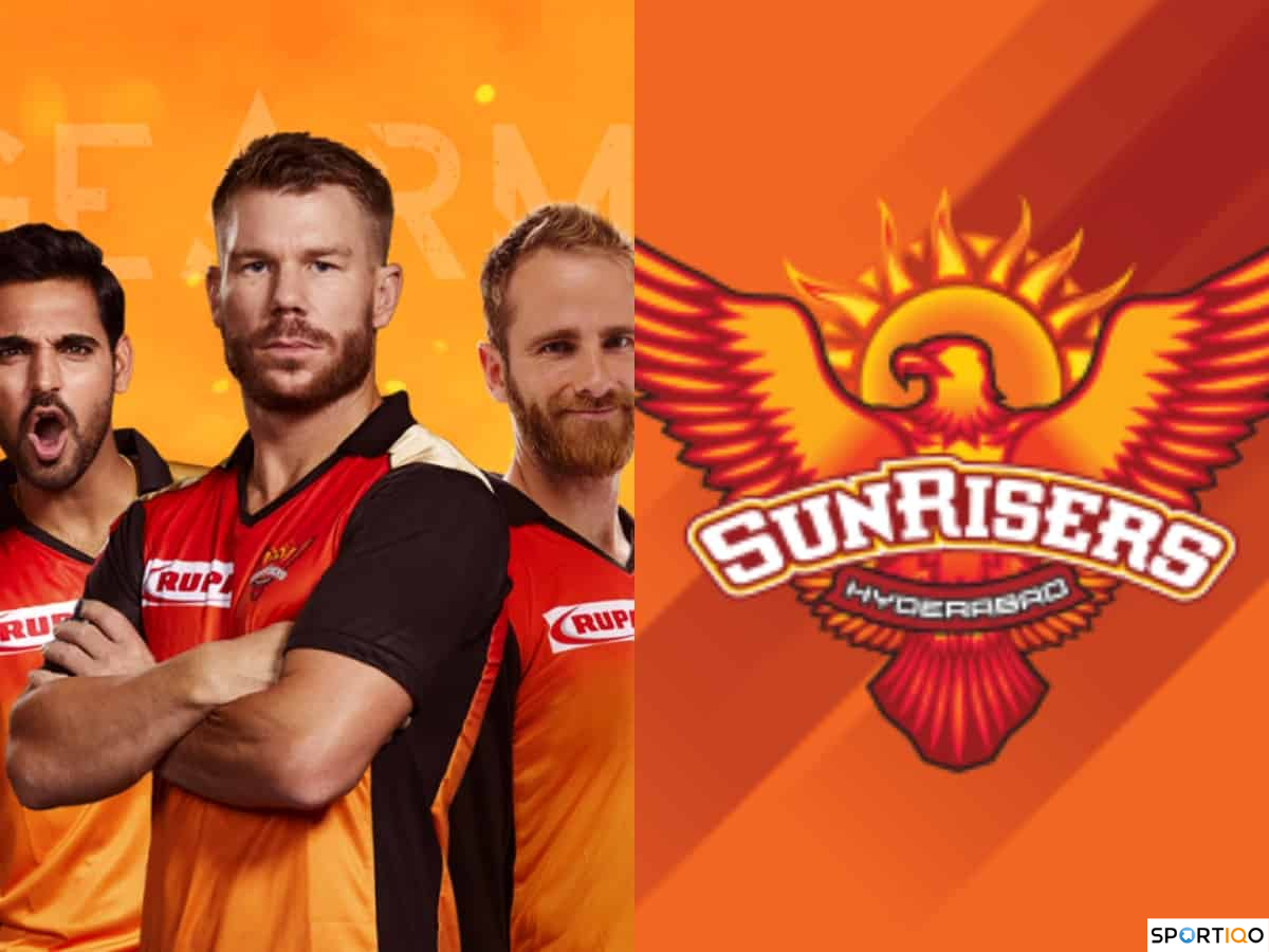 Sunrisers Hyderabad logo with David Warner, Kane Williamson, and Bhuvneshwar Kumar.