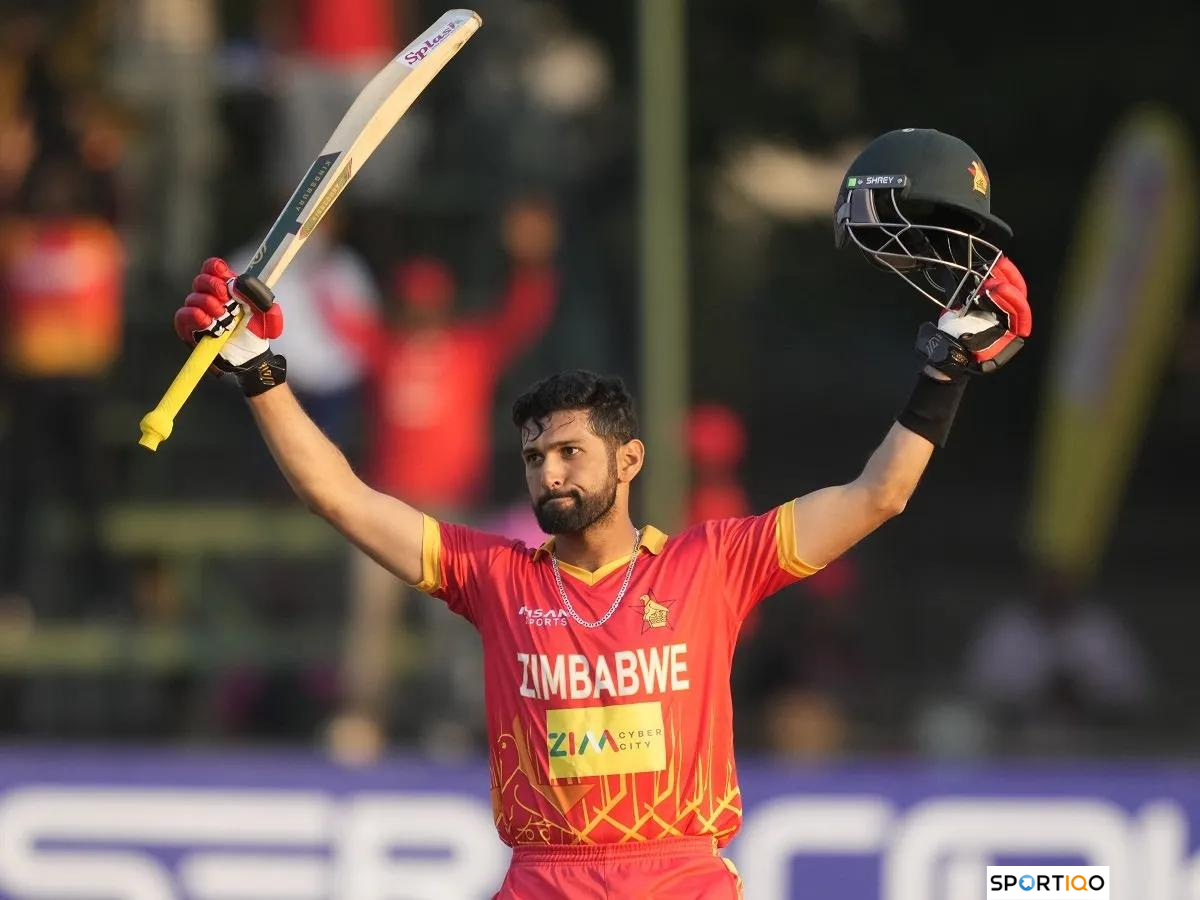 Sikandar Raza celebrating after scoring a century against Bangladesh in an ODI game.