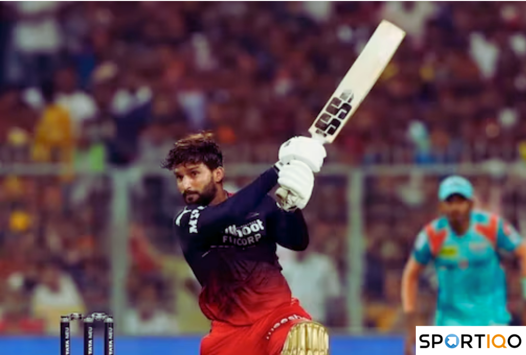 Rajat Patidar playing a cover drive during his knock against Lucknow SuperGiants in IPL 2022.