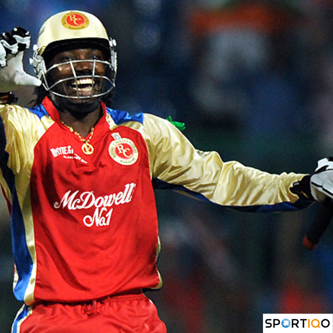 Chris Gayle laughing after hitting a century for RCB