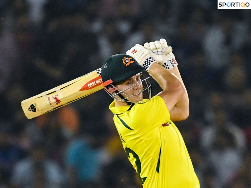 Cameron Green playing an aggressive shot against India in a T20I.