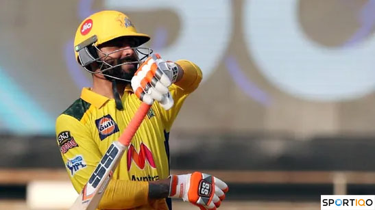 Ravindra Jadeja with his customary sword celebration after hitting a fifty for CSK.