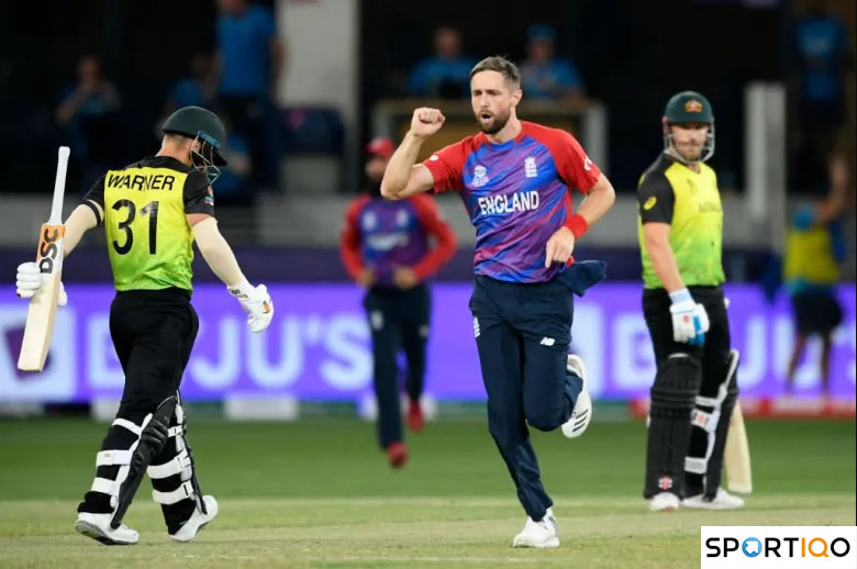  Chris Woakes celebrating after taking a wicket
