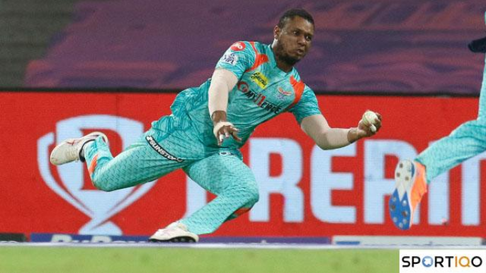 Evin Lewis taking a superb catch for Lucknow Super Giants in IPL.