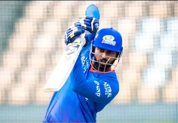 Sanjay Yadav playing a shot while batting in Mumbai Indians net.