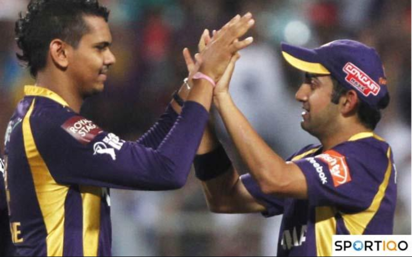 Sunil Narine celebrating with Gambhir