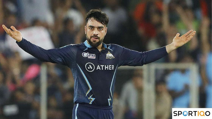 Rashid Khan celebrating with an open arm while playing for Gujrat Titans