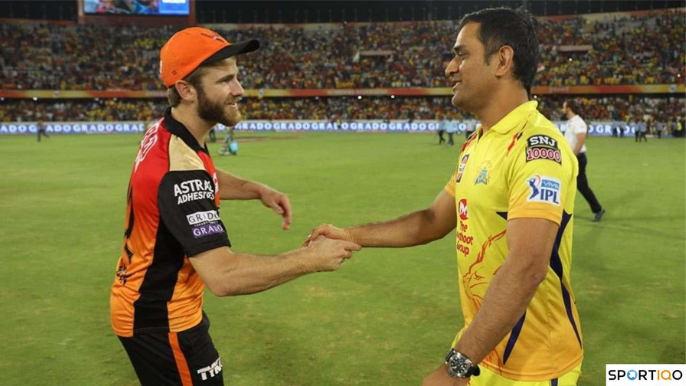 Kane Williamson and MS Dhoni shaking hands in a match between CSK and SRH