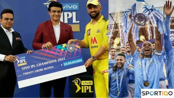 MS Dhoni receiving a reward, and Manchester City are crowned as EPL champions