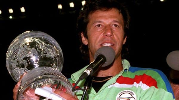 Imran Khan lifting World Cup trophy